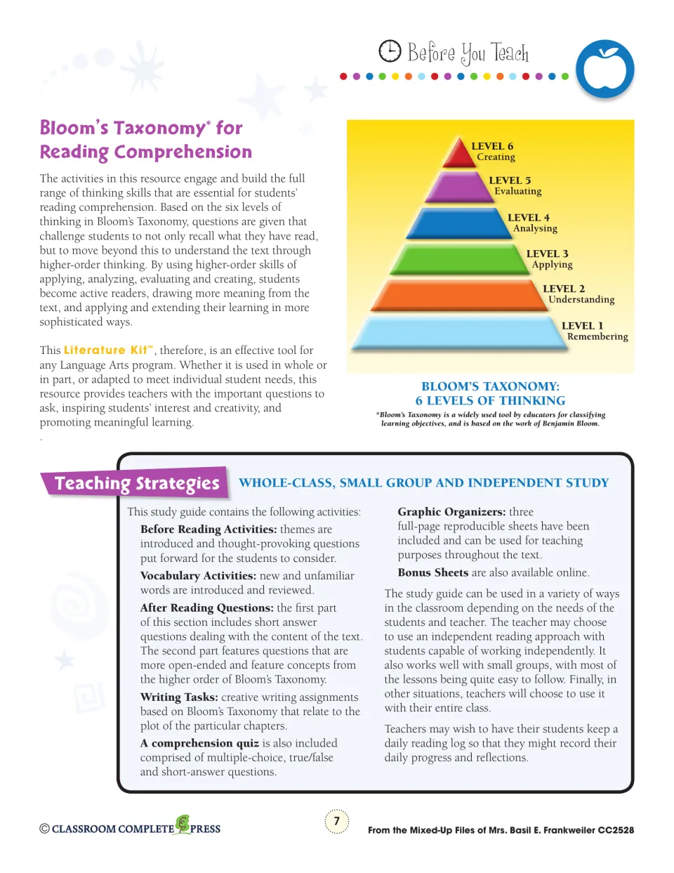 Bloom's Taxonomy for Reading Comprehension with the six-level pyramid, plus teaching strategies for the activities