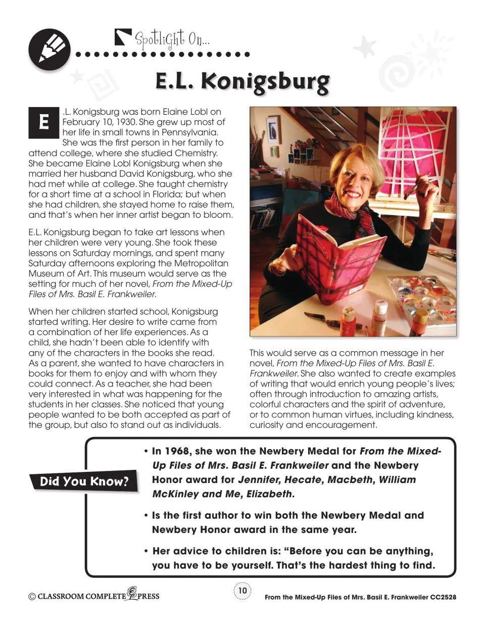 Spotlight on E.L. Konigsburg: biography, photo of the author, and Did You Know? facts about her 1968 Newbery Medal