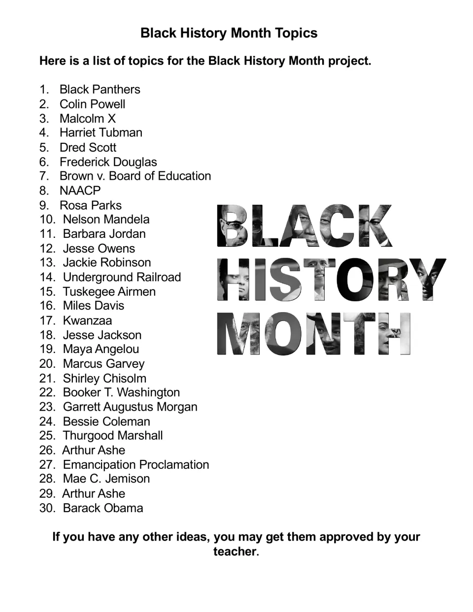 Black History Month topic list: students pick one of 30 people and events, such as Harriet Tubman, Rosa Parks and NAACP