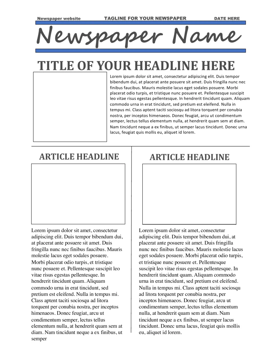 Blue-banner newspaper template: students replace the newspaper name, tagline, date, main headline and two article headlines