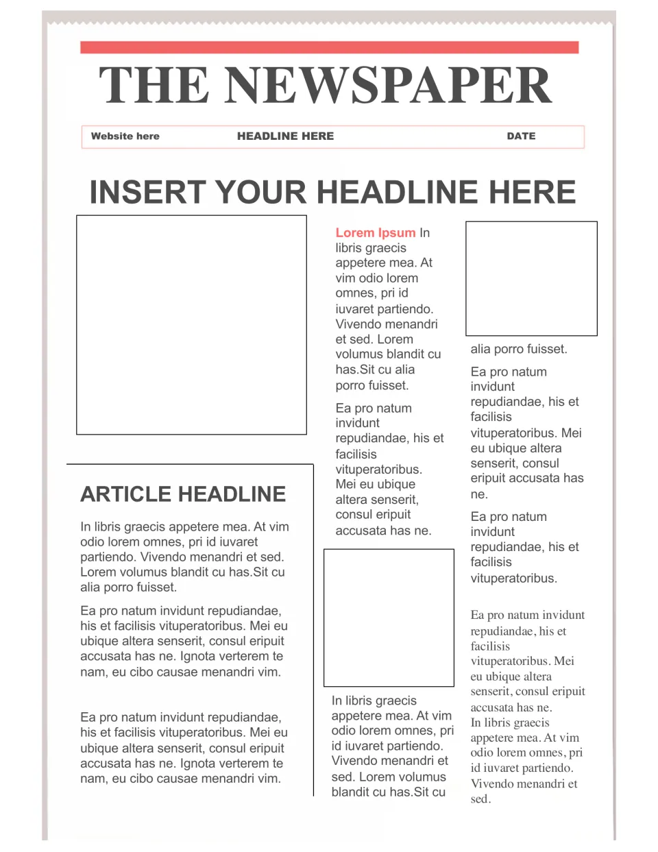 Red-accent The Newspaper template: students swap in their own main headline, article headline, stories and photos