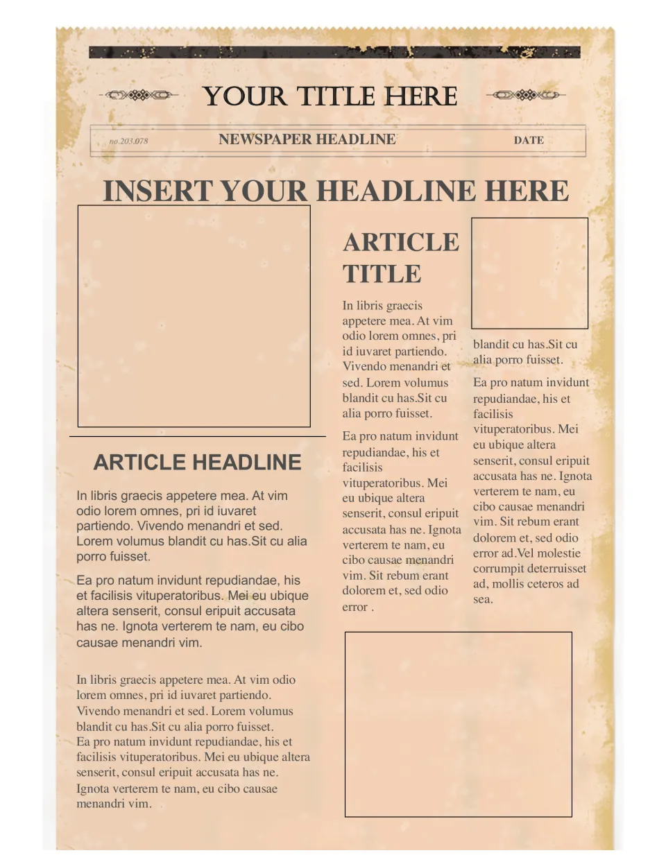 Vintage-style newspaper template: Your Title Here masthead, main headline, article title and article headline to replace