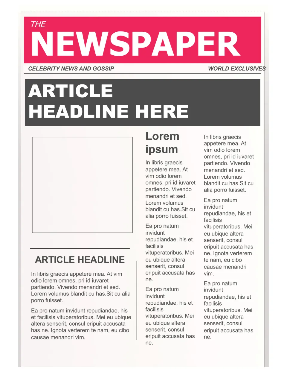 Pink masthead newspaper template with Celebrity News and Gossip tagline, Article Headline Here banner and sample articles