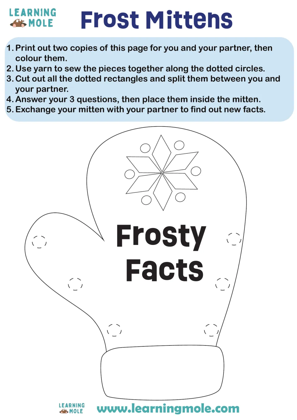 Frosty Facts mitten craft: students colour a snowflake mitten, sew it with yarn and swap it with a partner to share facts