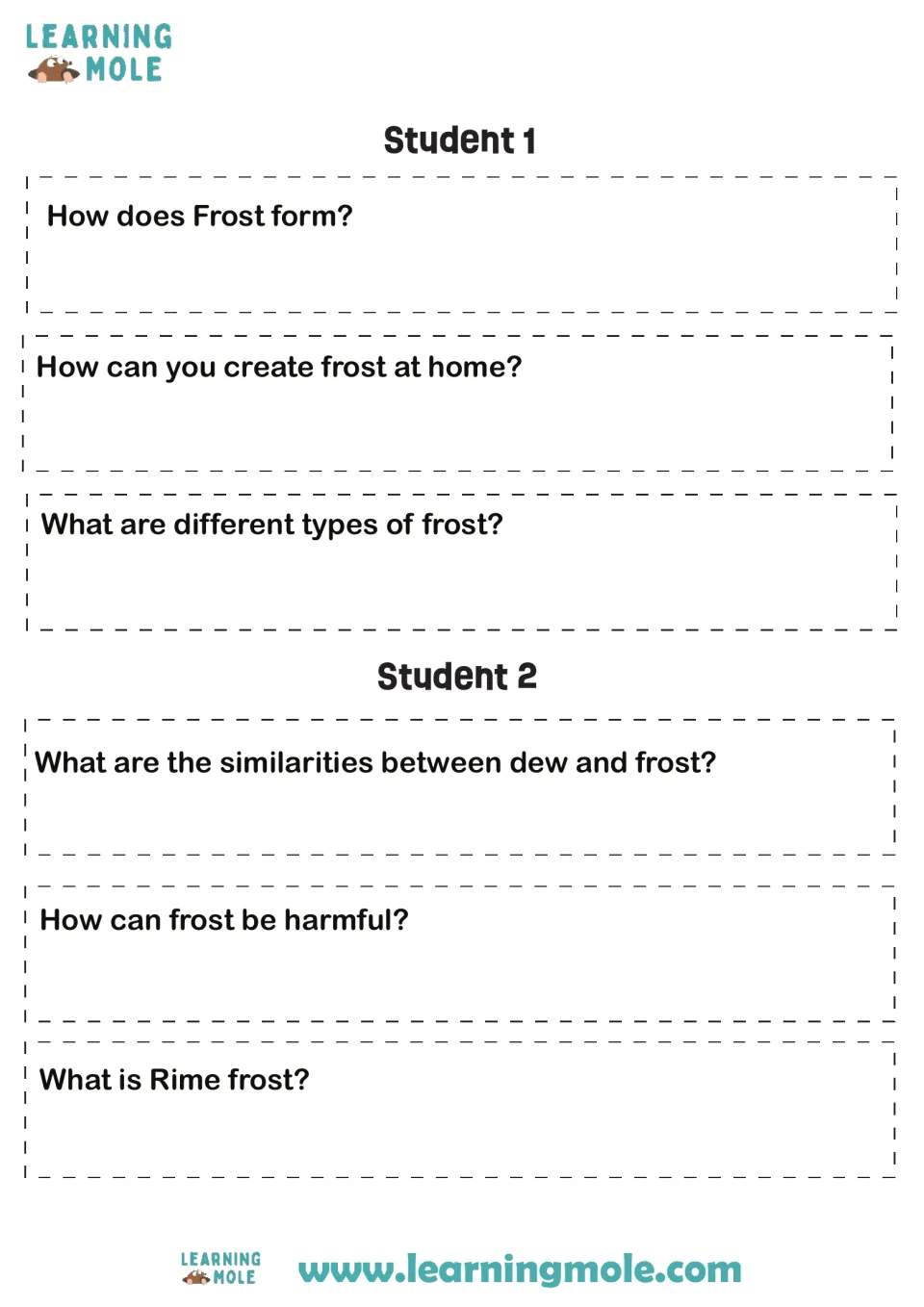 Frost question cards: Student 1 and Student 2 each cut out and answer 3 questions on how frost forms, rime frost and dew