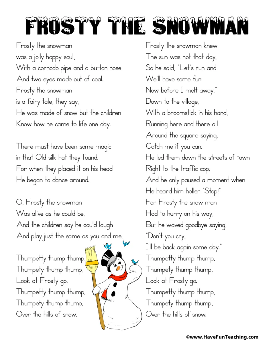 Frosty the Snowman song: students read and sing along with the full lyrics, shown beside a snowman holding a broom