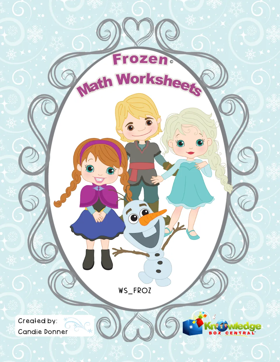Frozen Math Worksheets cover showing four cartoon winter characters, including a snowman, created by Candie Donner