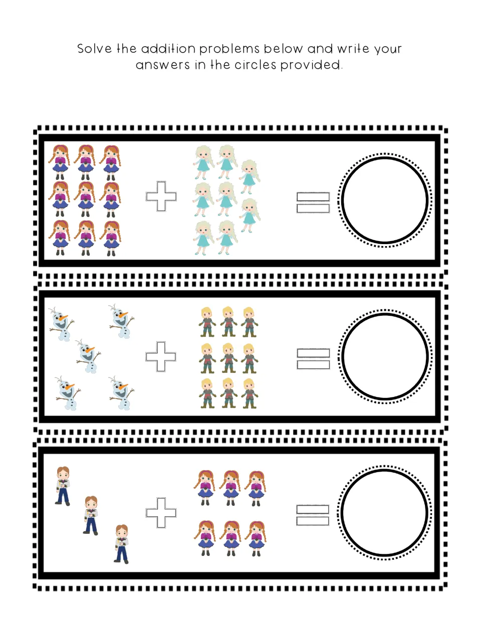 Picture addition: students count character groups for 9 + 8, 5 + 9 and 3 + 6 and write each sum in the answer circle