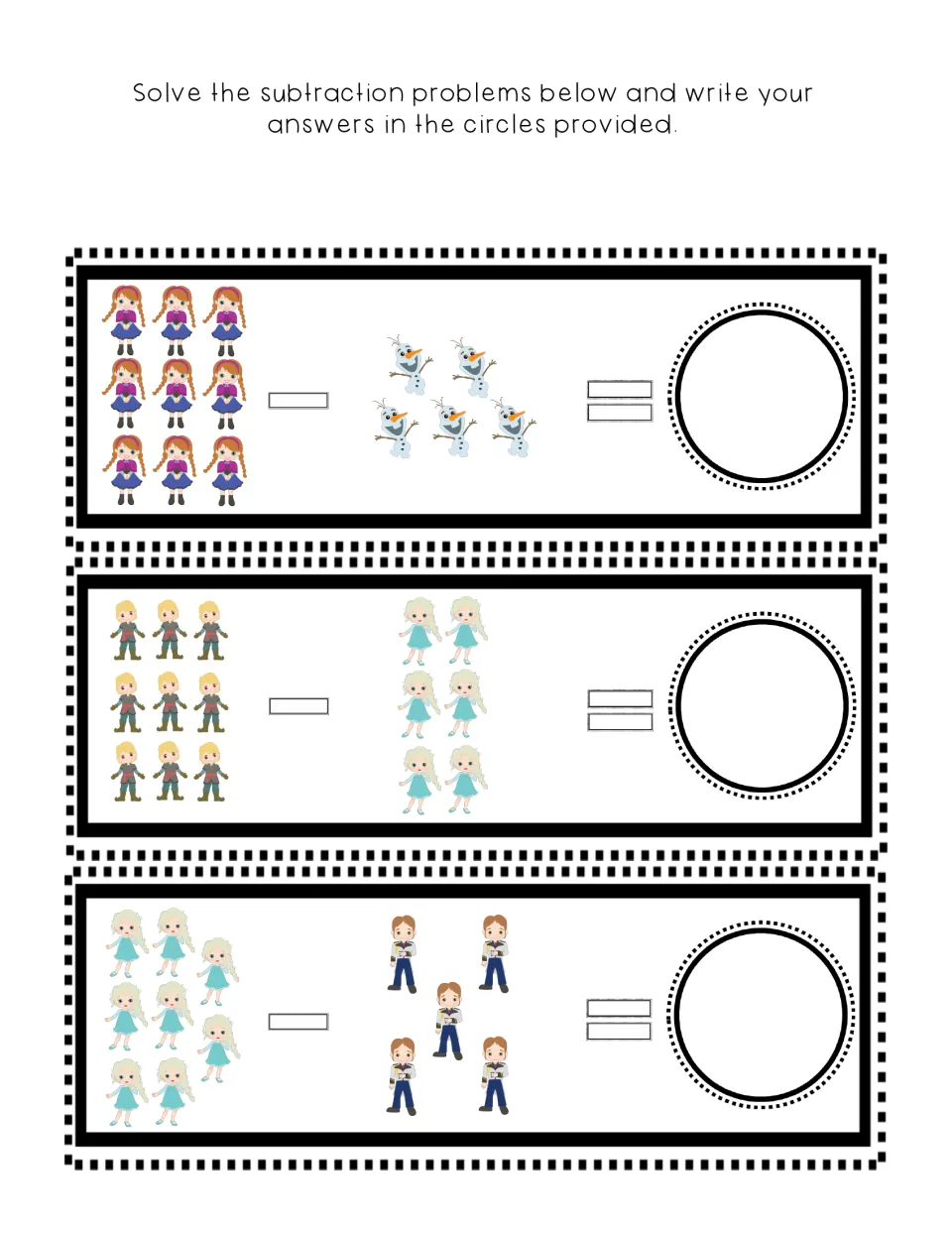 Picture subtraction: students count characters to solve 9 - 5, 9 - 6 and 8 - 5 and write each difference in a circle