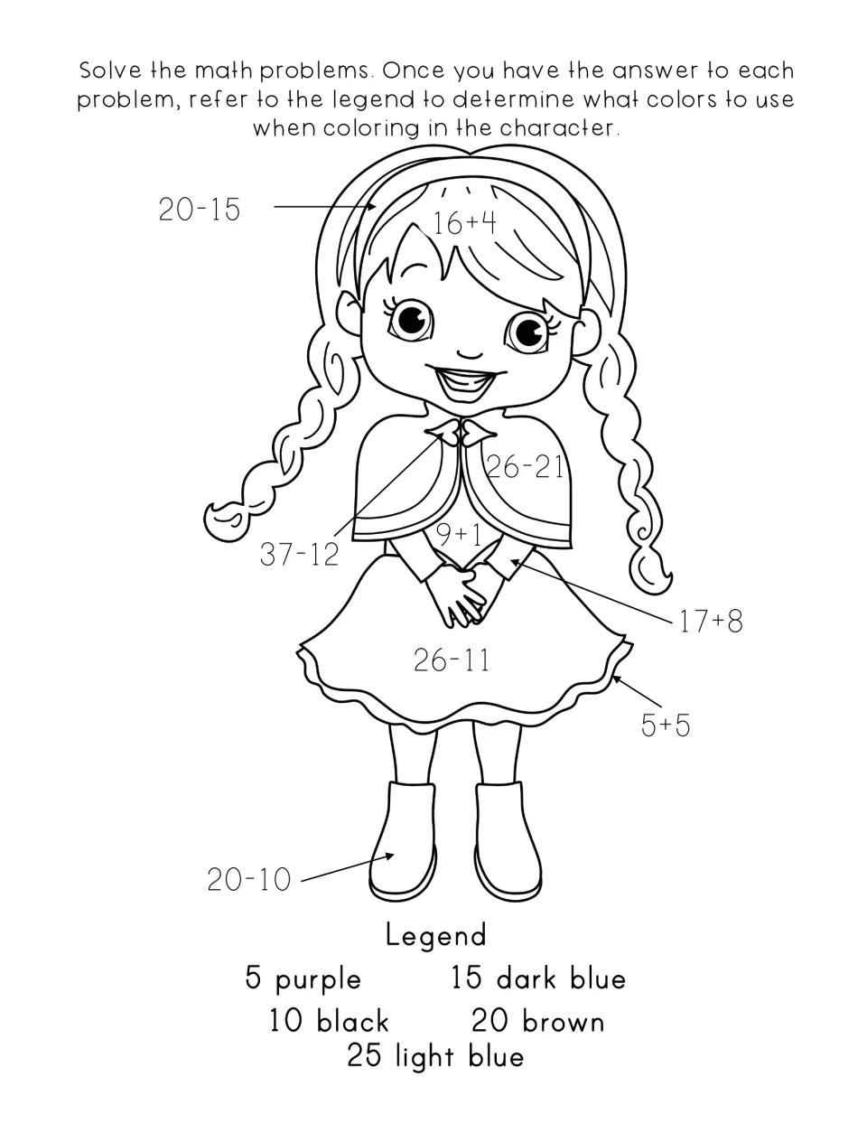 Color by number: students solve problems such as 20-15 and 37-12, then color a girl using the 5 to 25 answer legend
