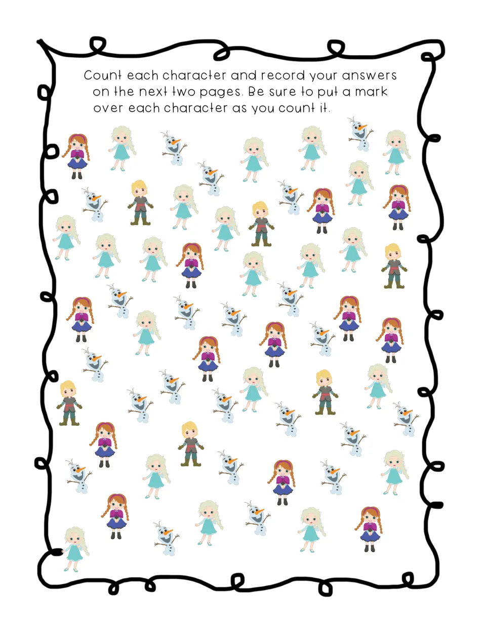 Counting hunt: students mark and count each of four scattered cartoon characters to record totals on the next pages