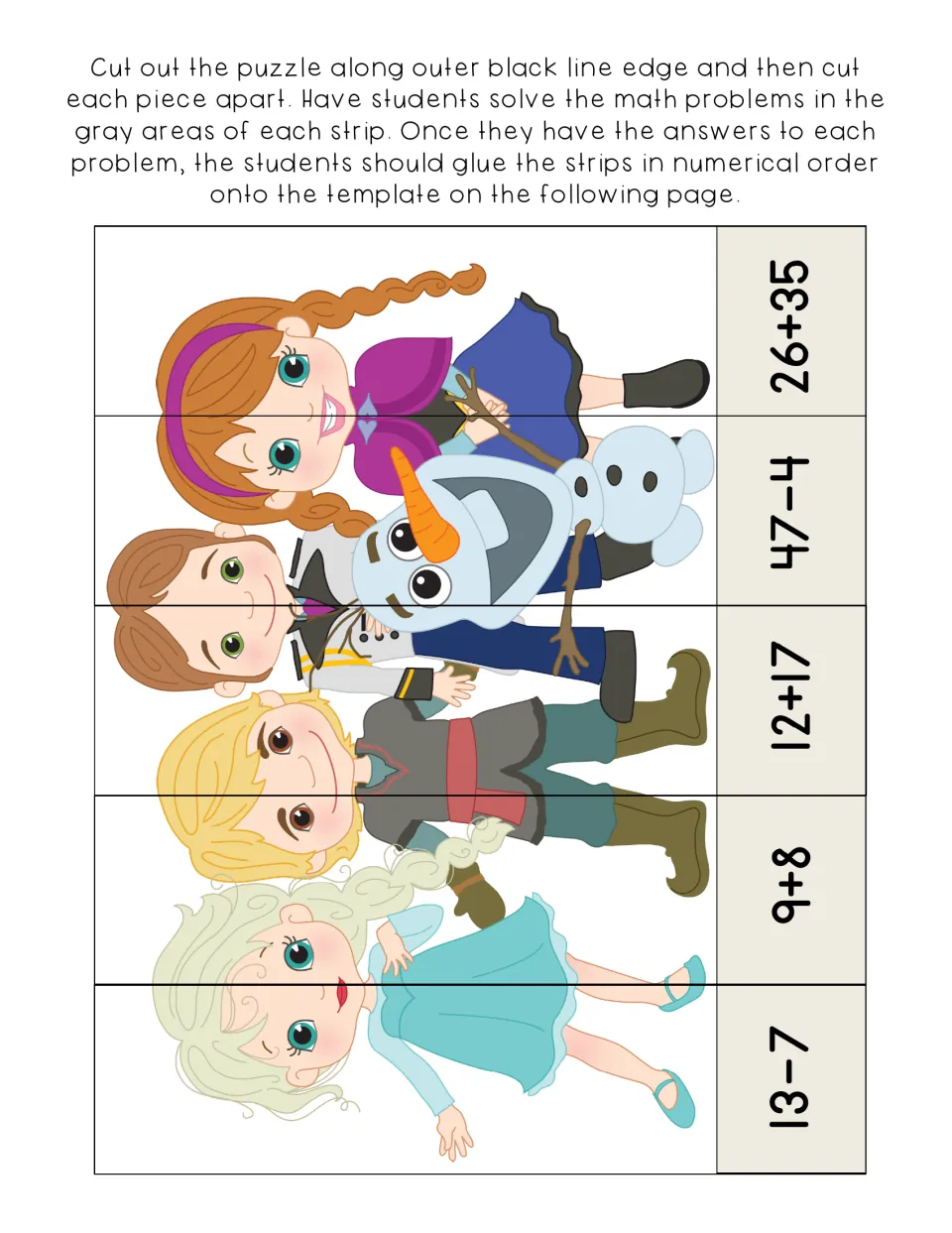 Picture puzzle strips: students cut apart five strips, solve 26+35, 47-4, 12+17, 9+8 and 13-7, then order by answer