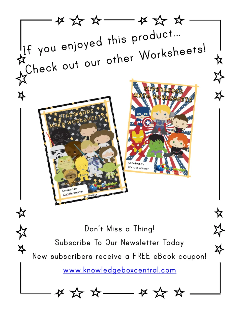 Promotional page advertising Star Wars and Superheroes math worksheets, with a newsletter signup and eBook coupon
