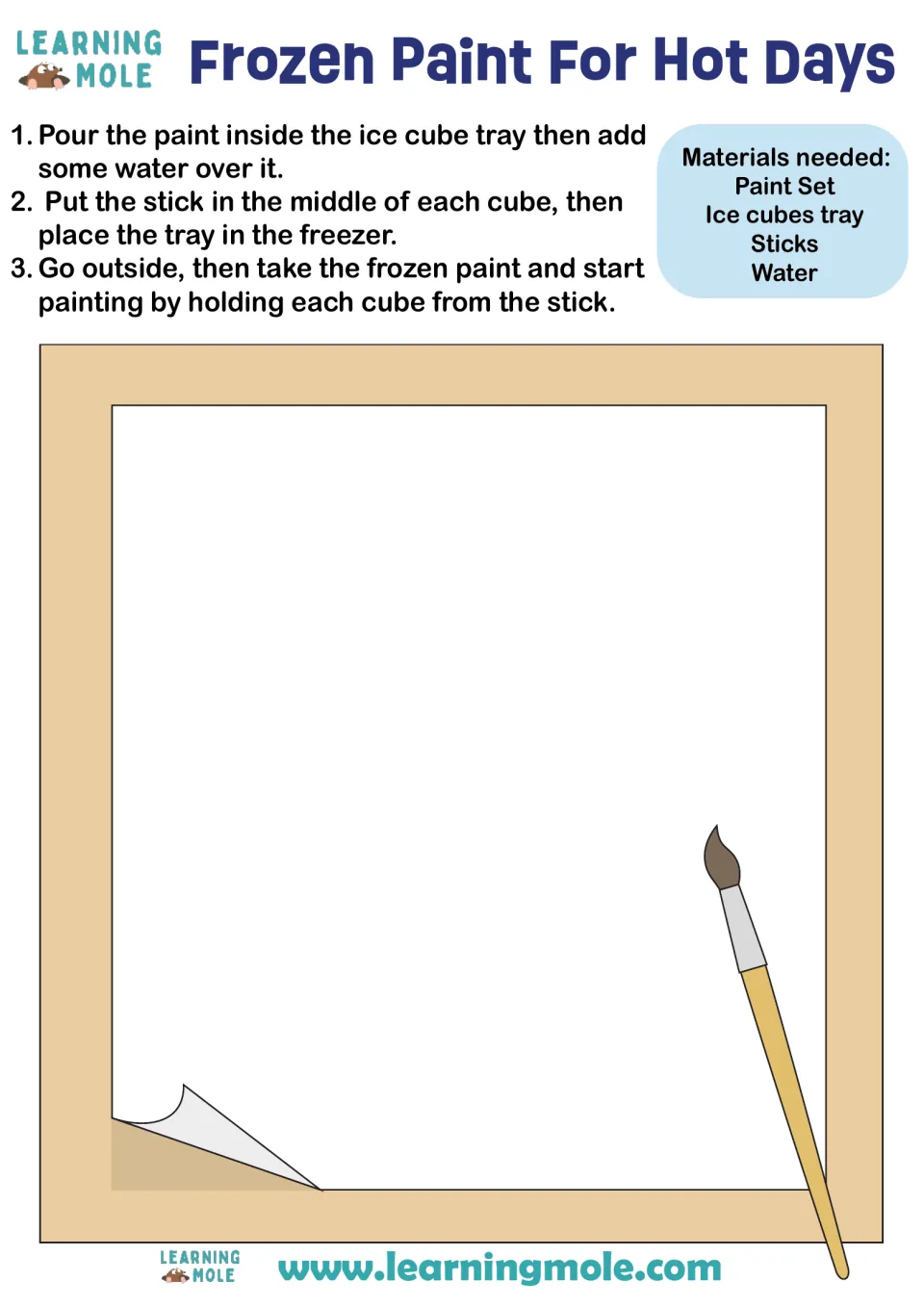 Frozen paint craft: 3 steps to freeze paint, water and sticks in an ice cube tray, then use the cubes to paint outdoors