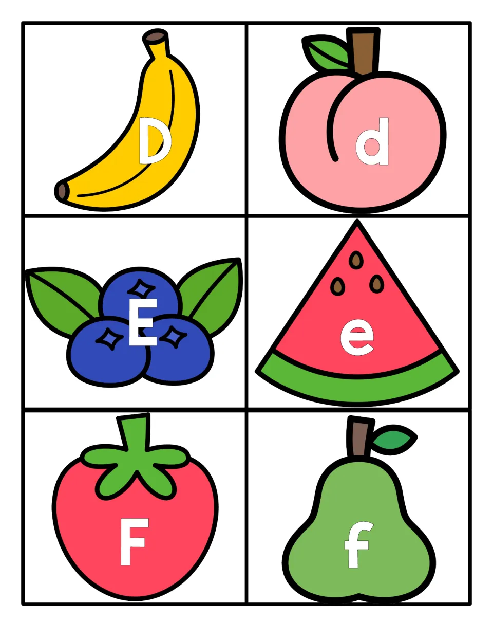 Letters D to F: uppercase D, E, F on banana, blueberries and strawberry cards, lowercase d, e, f on peach, watermelon, pear