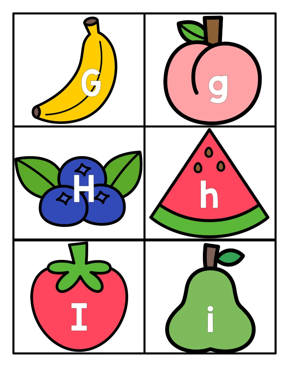 Letters G to I: G on a banana and g on a peach, H on blueberries and h on watermelon, I on a strawberry and i on a pear