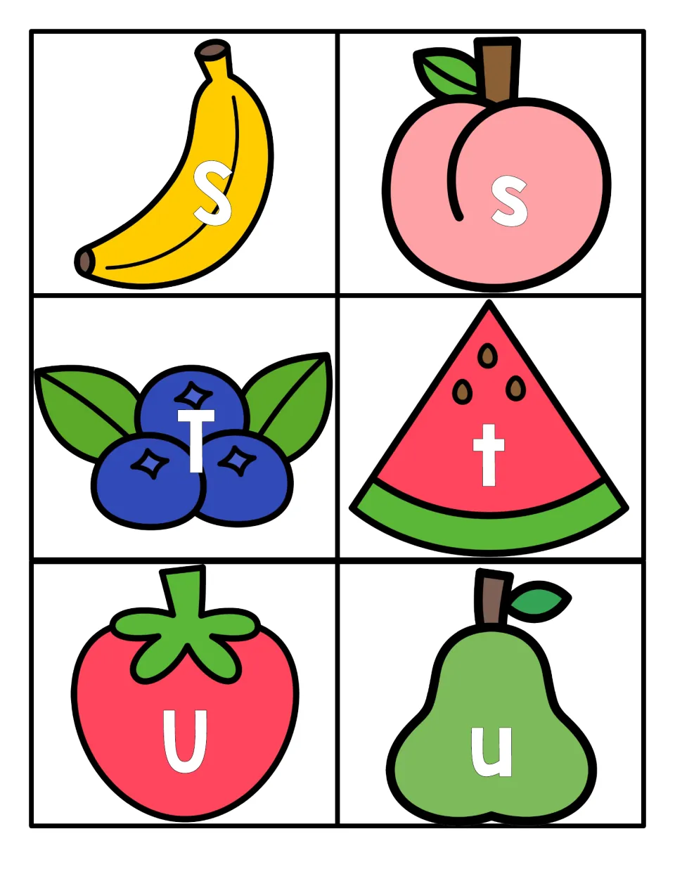 Letters S to U: S on a banana and s on a peach, T on blueberries and t on watermelon, U on a strawberry and u on a pear