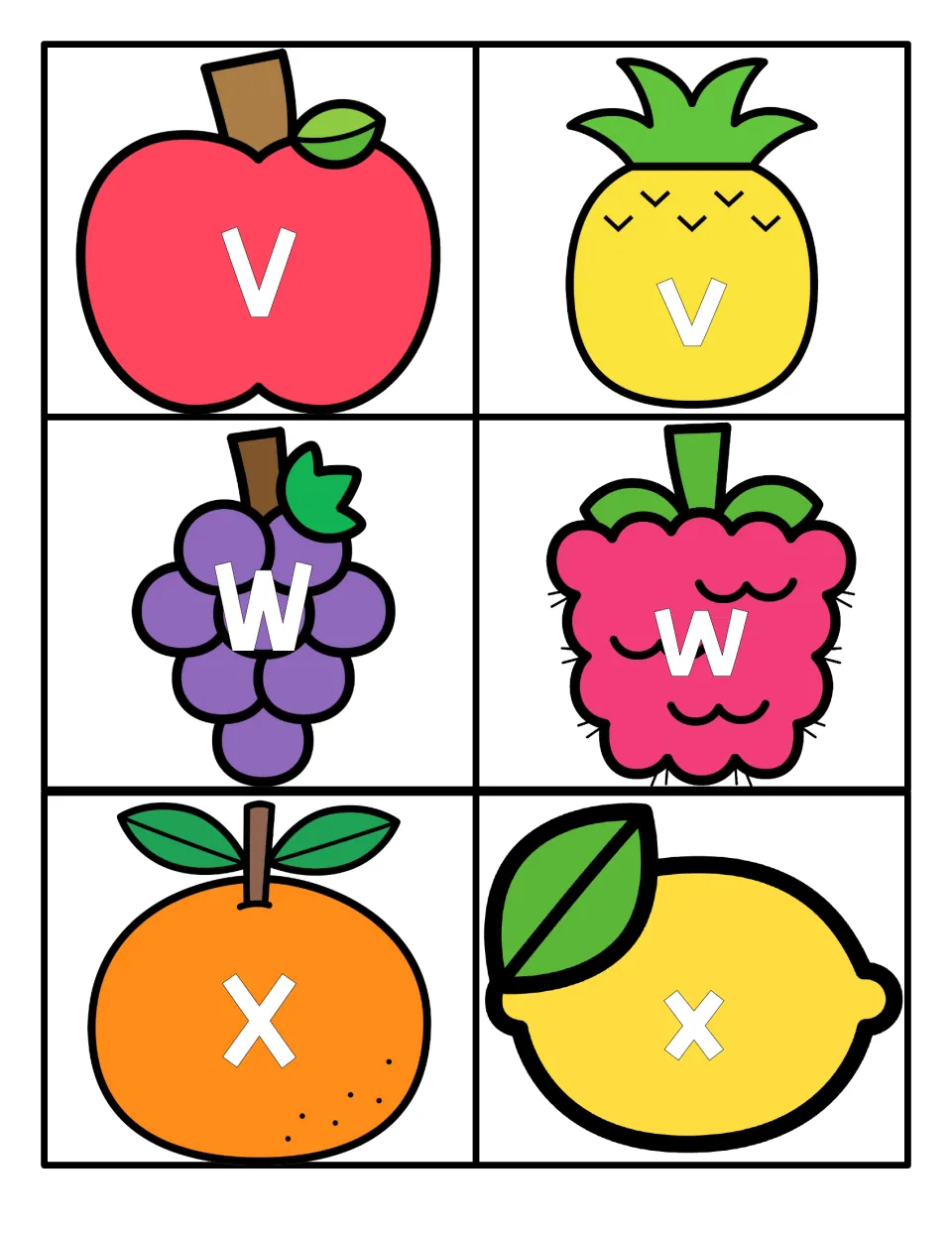 Letters V to X: capital V, W, X on apple, grapes and orange cards and lowercase v, w, x on pineapple, raspberry, lemon