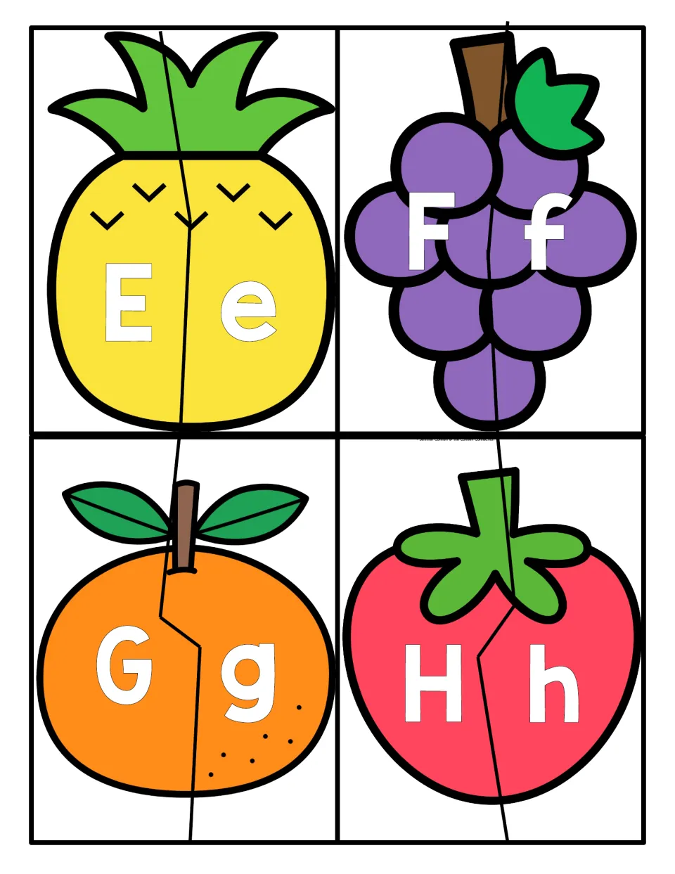 Letters E to H: two-piece fruit pictures where children join the capital and lowercase halves of Ee, Ff, Gg and Hh