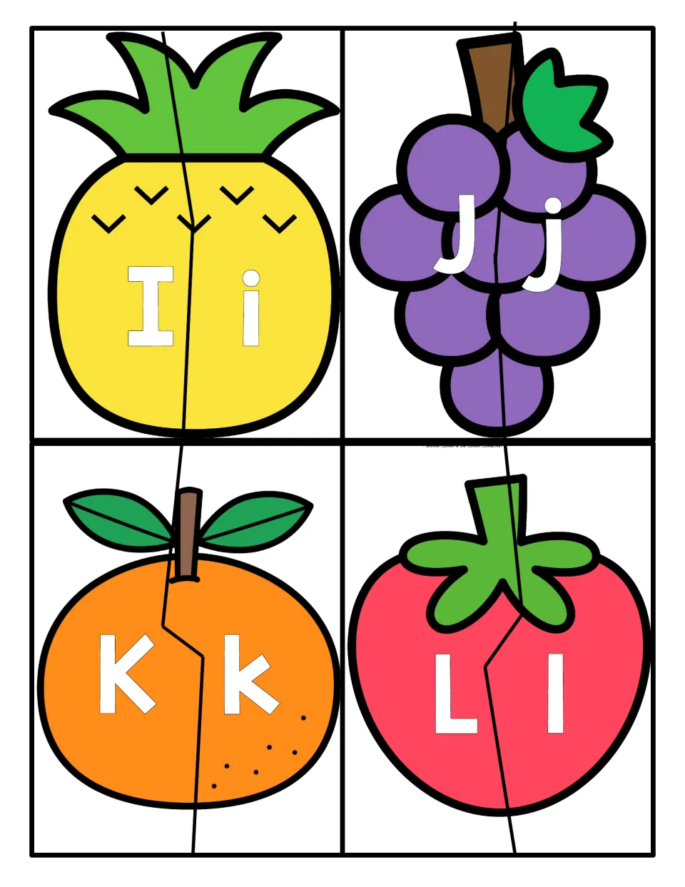 Letters I to L: cut-apart pineapple, grapes, orange and strawberry, each pairing capital and lowercase: Ii, Jj, Kk, Ll