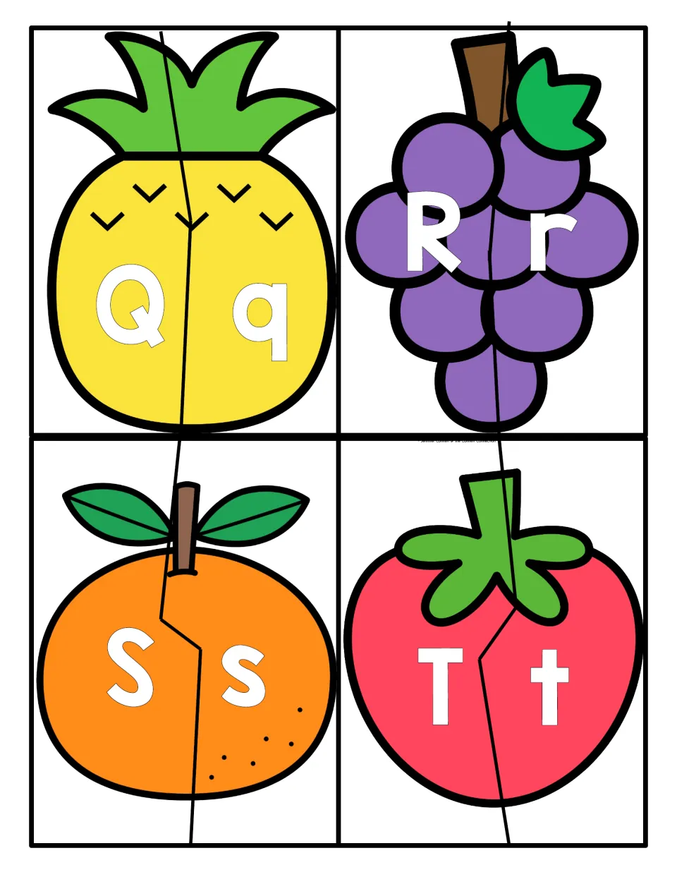 Letters Q to T: split fruit cards for matching capital to lowercase Qq, Rr, Ss and Tt