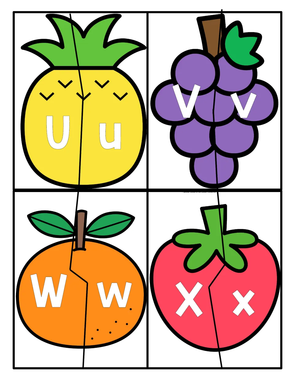 Letters U to X: learners piece together two-part fruits showing Uu, Vv, Ww and Xx to practise uppercase-lowercase matching