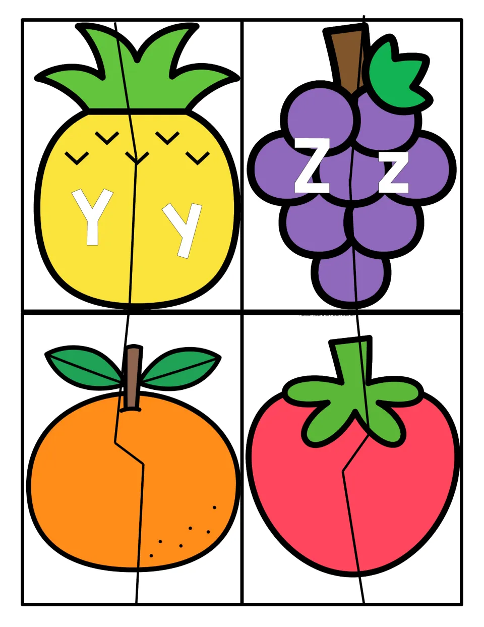 Letters Y and Z: students join pineapple halves for Yy and grape halves for Zz; an orange and strawberry have no letters