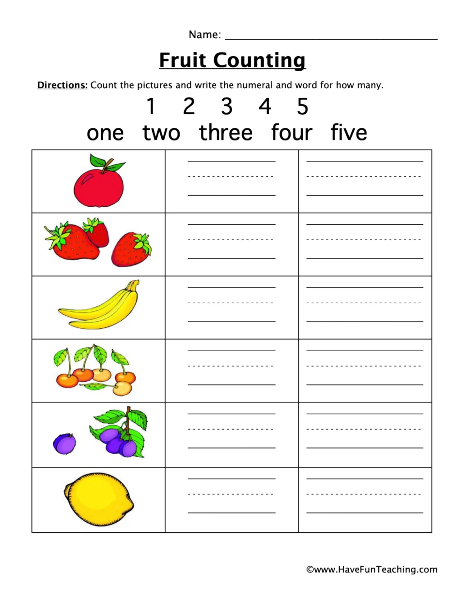 Fruit Counting: students count an apple, strawberries, bananas, cherries, plums and a lemon, writing each numeral and word