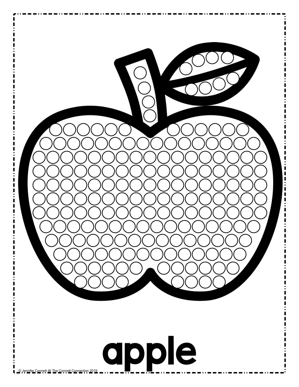 Apple dot painting: students dab a dot marker into each empty circle on the apple, its stem and leaf, labeled "apple"