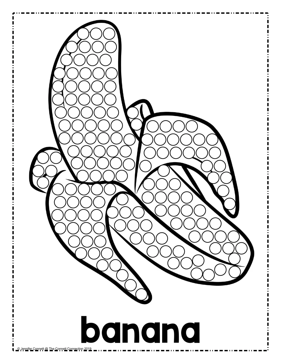 Banana dot painting: students fill the circles on a half-peeled banana and its drooping peel, with the word "banana" below