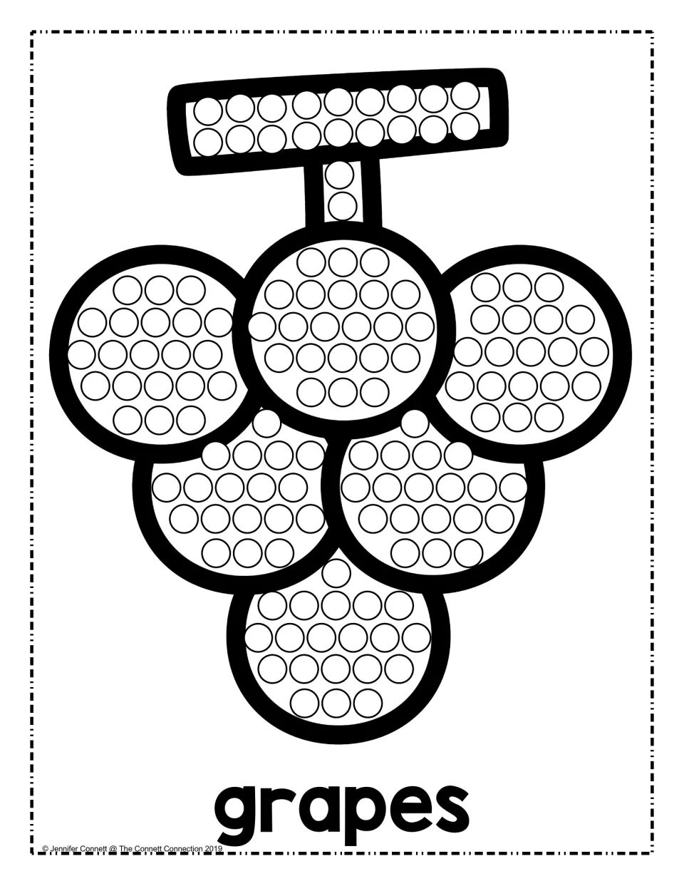 Grapes dot painting: students dot each circle on six round grapes and a T-shaped stem, with the word "grapes" printed below