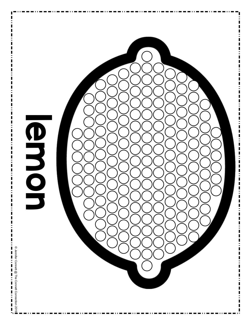 Lemon dot painting in landscape: students dab markers into rows of circles across an oval lemon labeled "lemon"