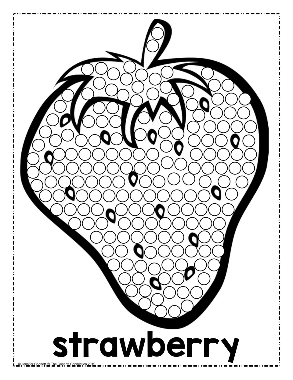 Strawberry dot painting: students fill circles over a strawberry with seeds, leafy top and stem, labeled "strawberry"