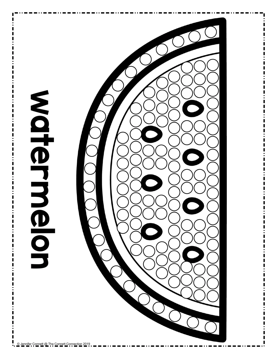 Watermelon slice dot painting: students dot circles along the rind and in the flesh between seeds, labeled "watermelon"