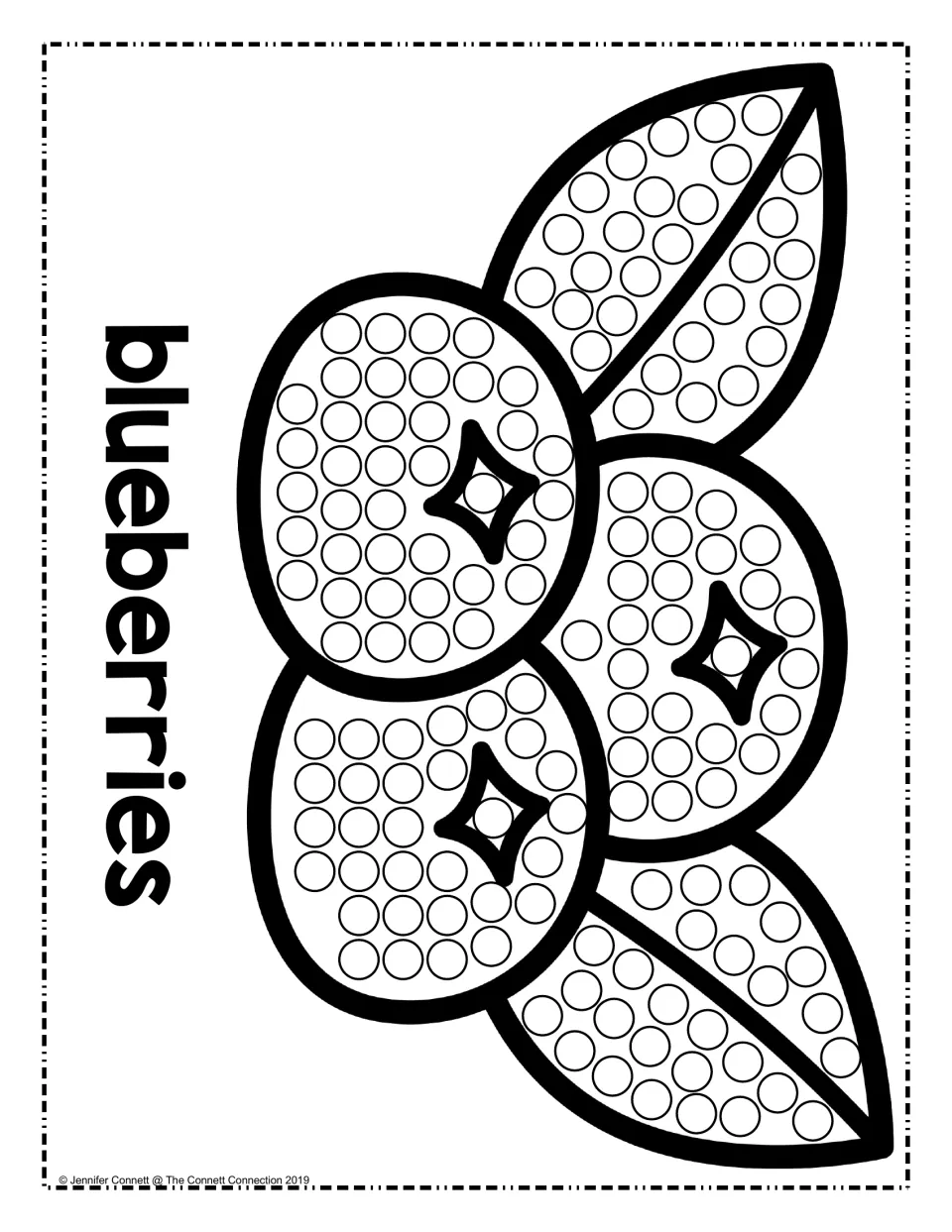 Blueberries dot painting: students fill circles on three berries with star tops and two leaves, labeled "blueberries"