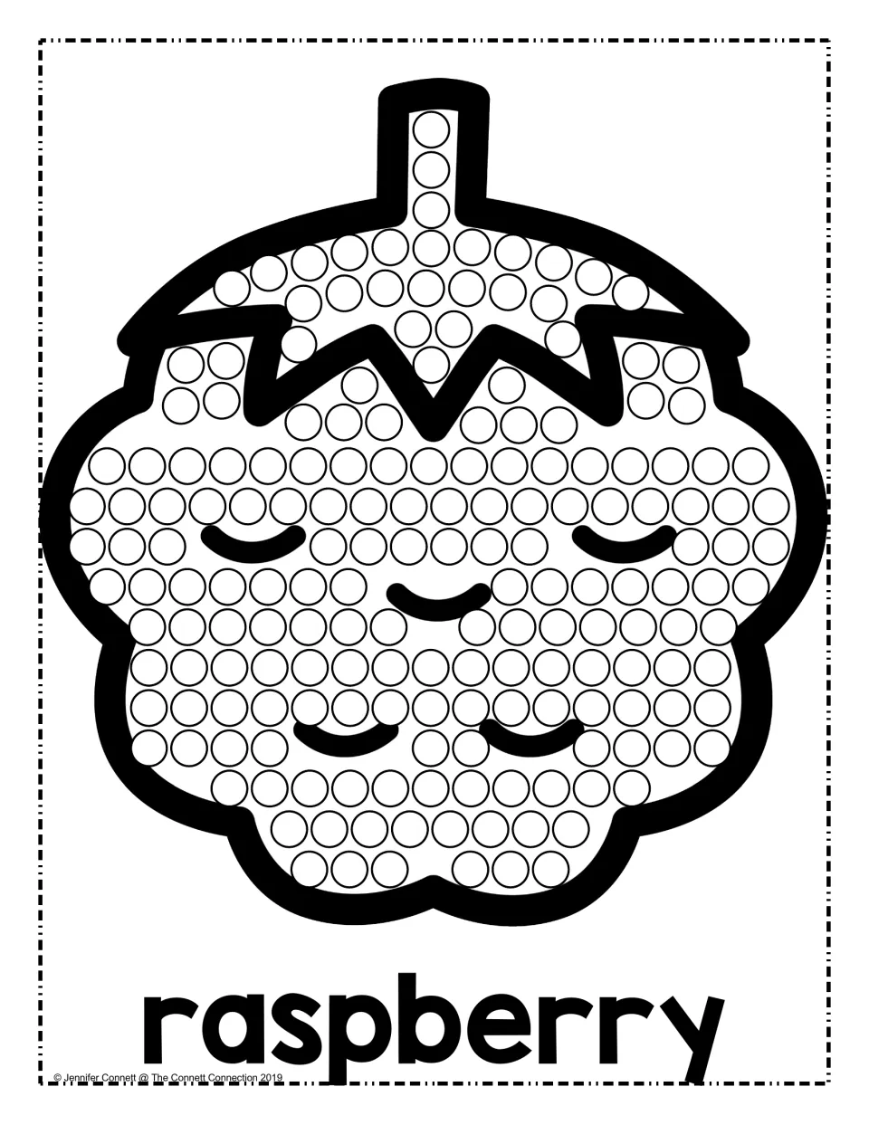 Raspberry dot painting: students dab circles across a smiling raspberry with a leafy top and stem, labeled "raspberry"