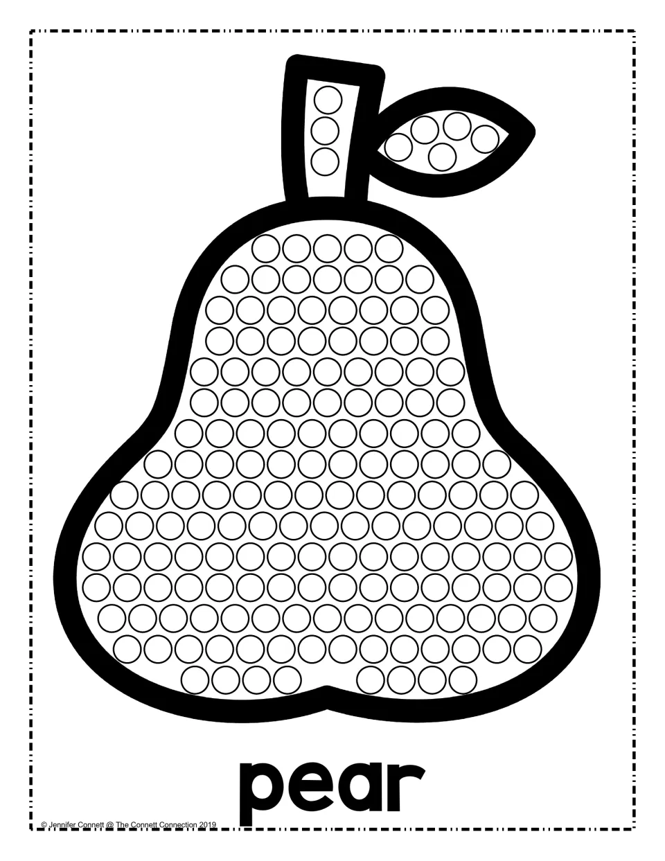 Pear dot painting: students dot each circle filling a pear shape plus its stem and small leaf, labeled "pear"