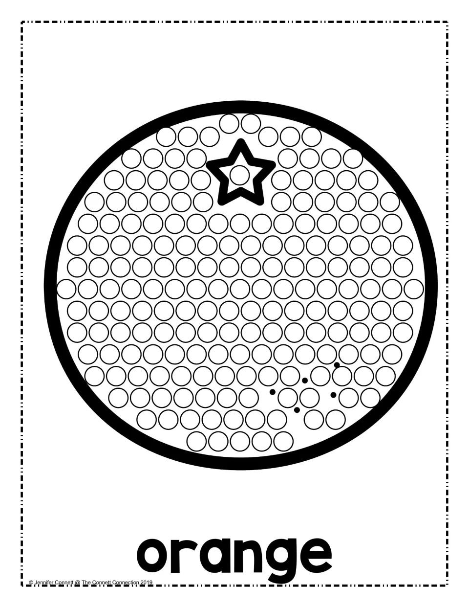 Orange dot painting: students fill circles on a round orange with a star-shaped top, labeled "orange"