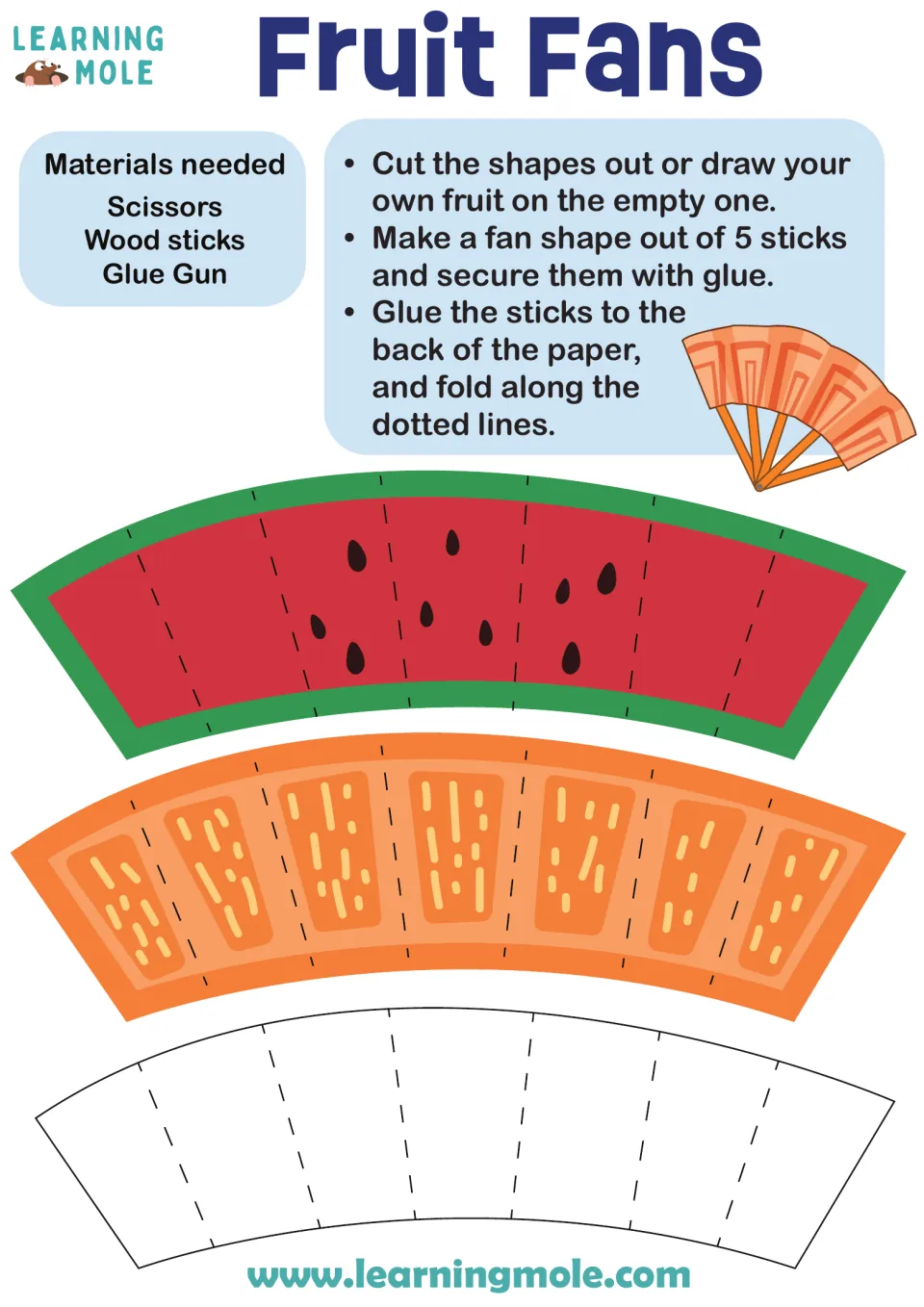 Fruit fan craft: students cut out a watermelon or orange fruit shape, or draw their own, then fold it and glue on 5 sticks