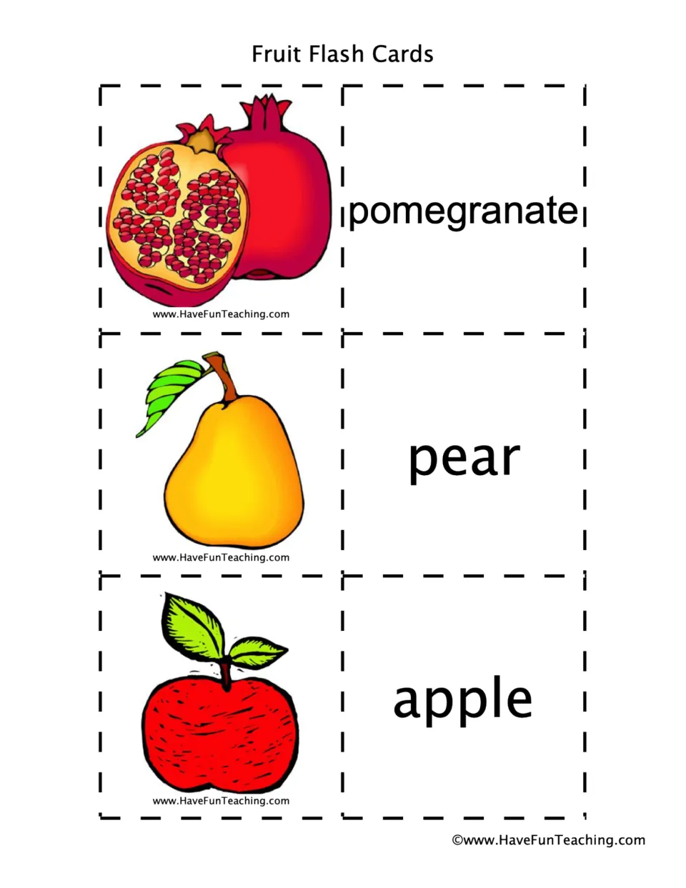 Fruit vocabulary cards for pomegranate, pear and apple: students cut out each picture and match it to its printed name