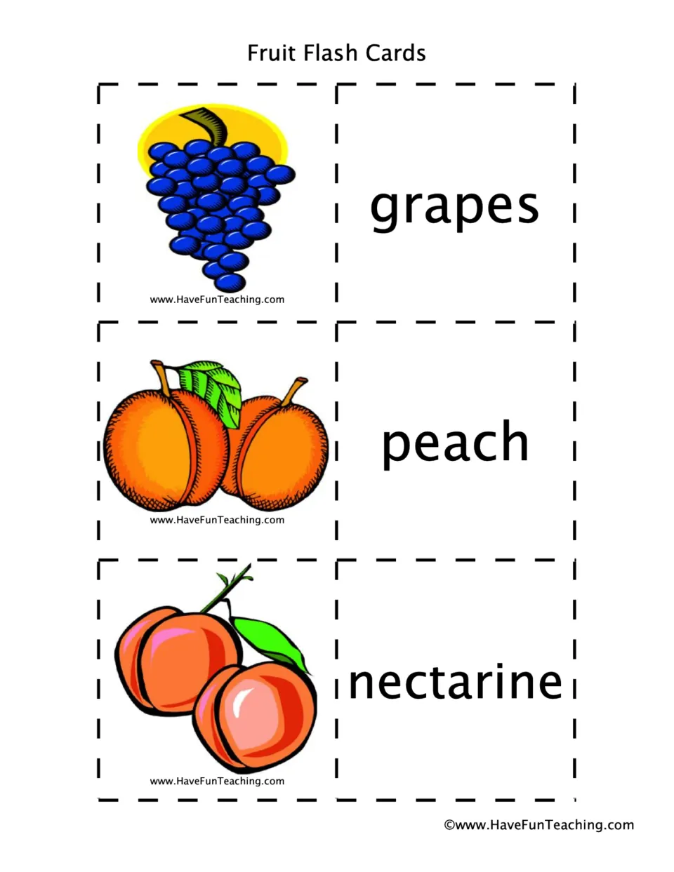 Fruit word-picture cards for grapes, peach and nectarine: students cut apart cards and pair each fruit with its name
