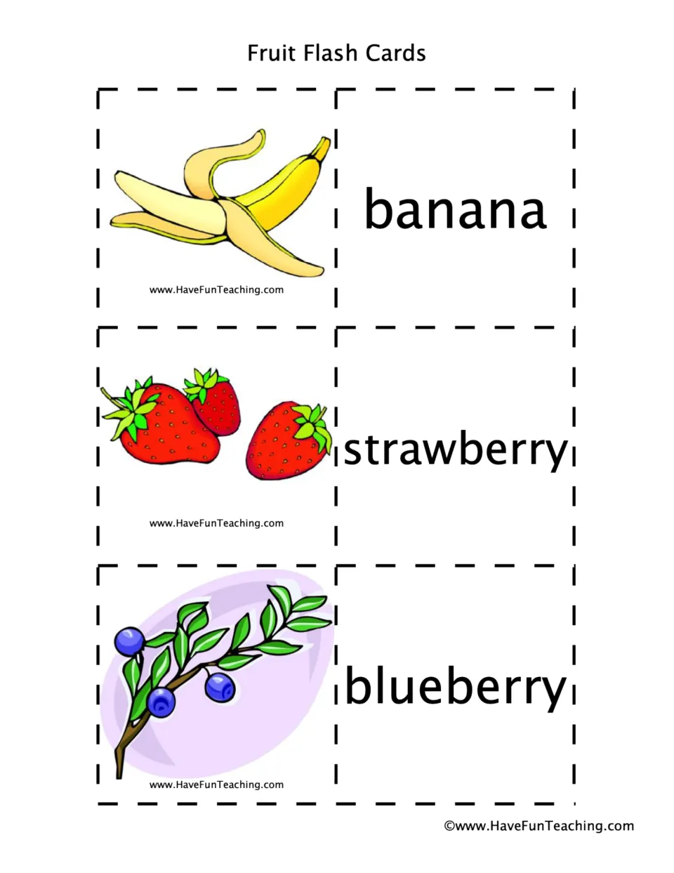 Fruit naming cards showing banana, strawberry and blueberry: students cut out picture and word halves to match