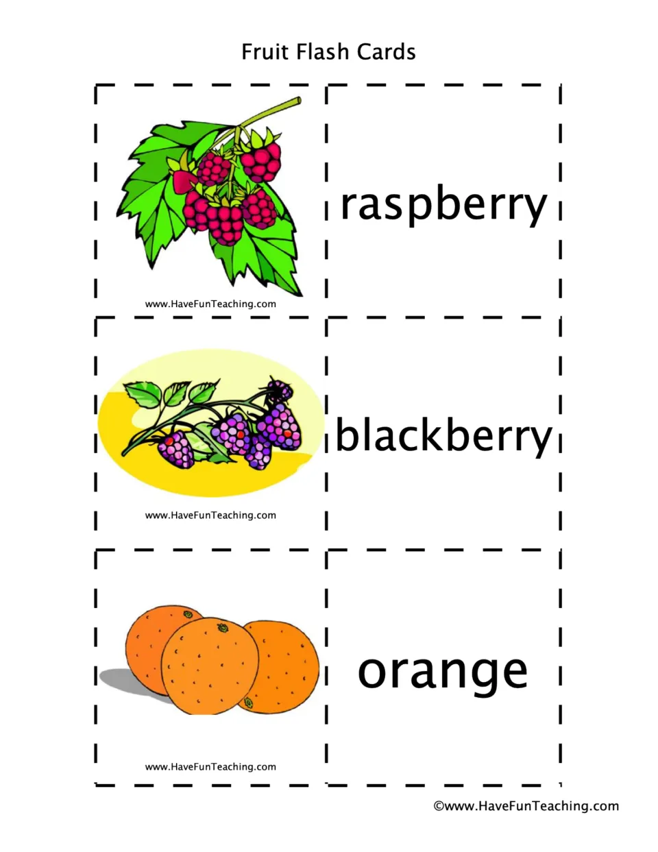 Berry and citrus cards for raspberry, blackberry and orange: students cut out each image and match it with its word