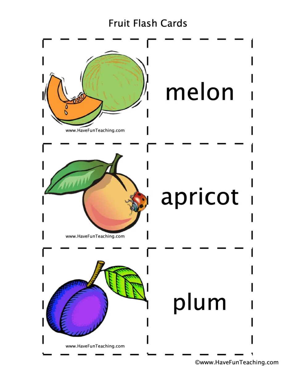 Fruit vocabulary cards for melon, apricot and plum: students cut out each drawing and pair it with the matching name