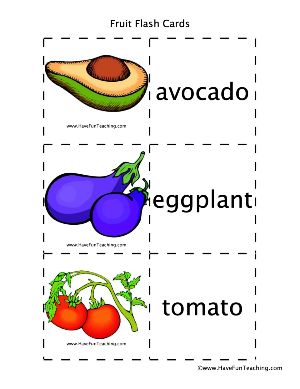 Fruit cards for avocado, eggplant and tomato: students cut out each picture and match it with its printed fruit name