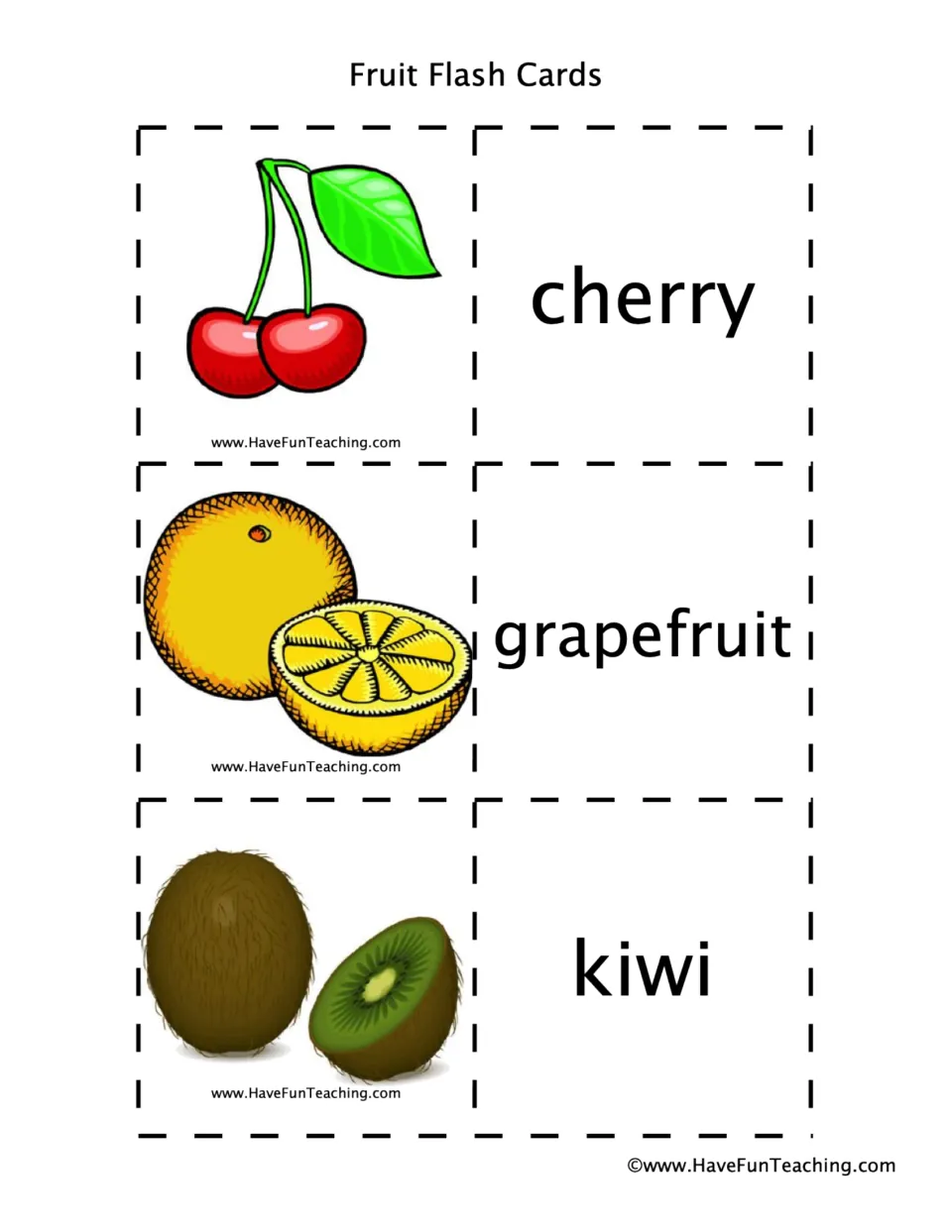 Fruit word cards for cherry, grapefruit and kiwi: students cut apart picture and name halves to practise matching