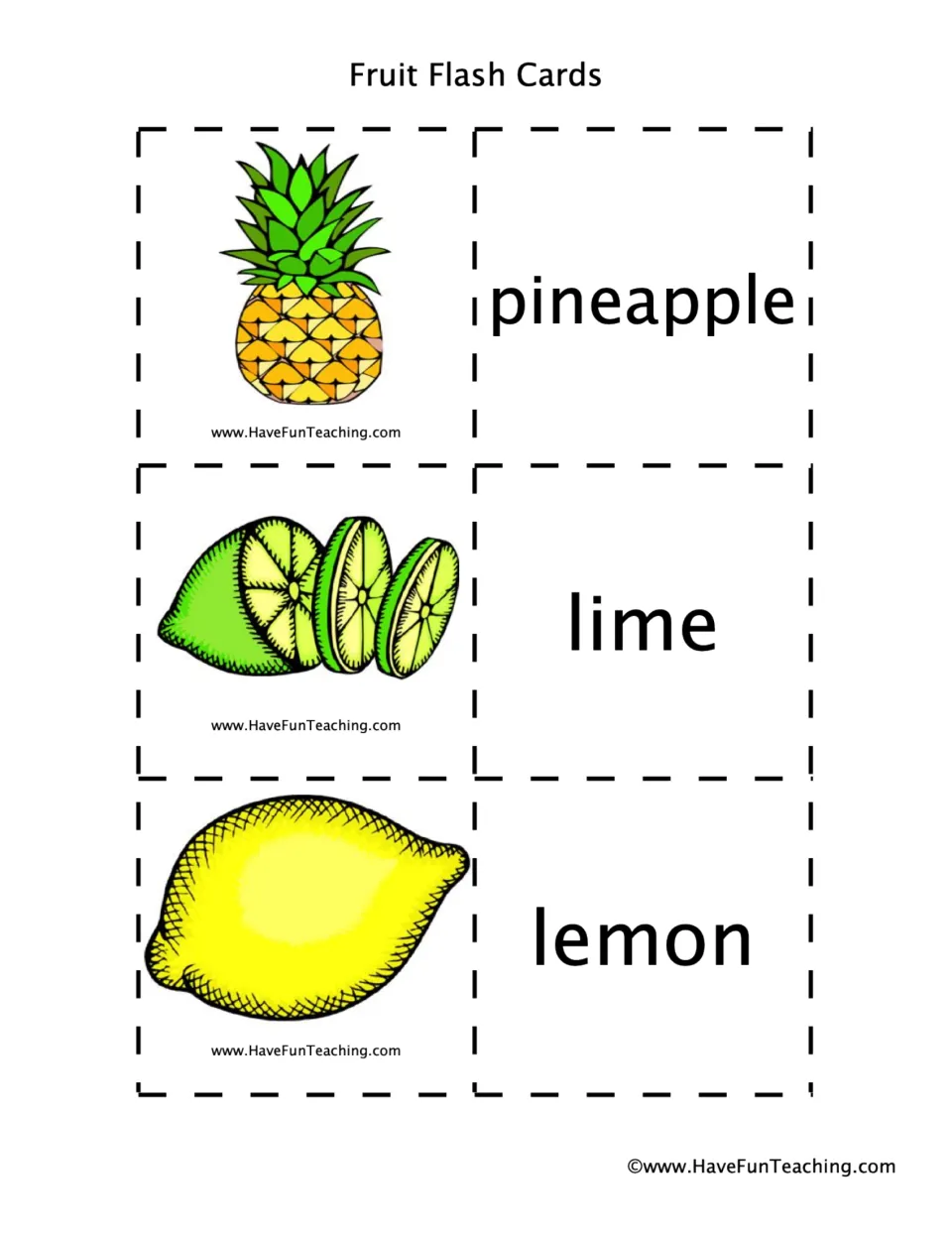 Fruit naming cards for pineapple, lime and lemon: students cut out each fruit image and pair it with its written word