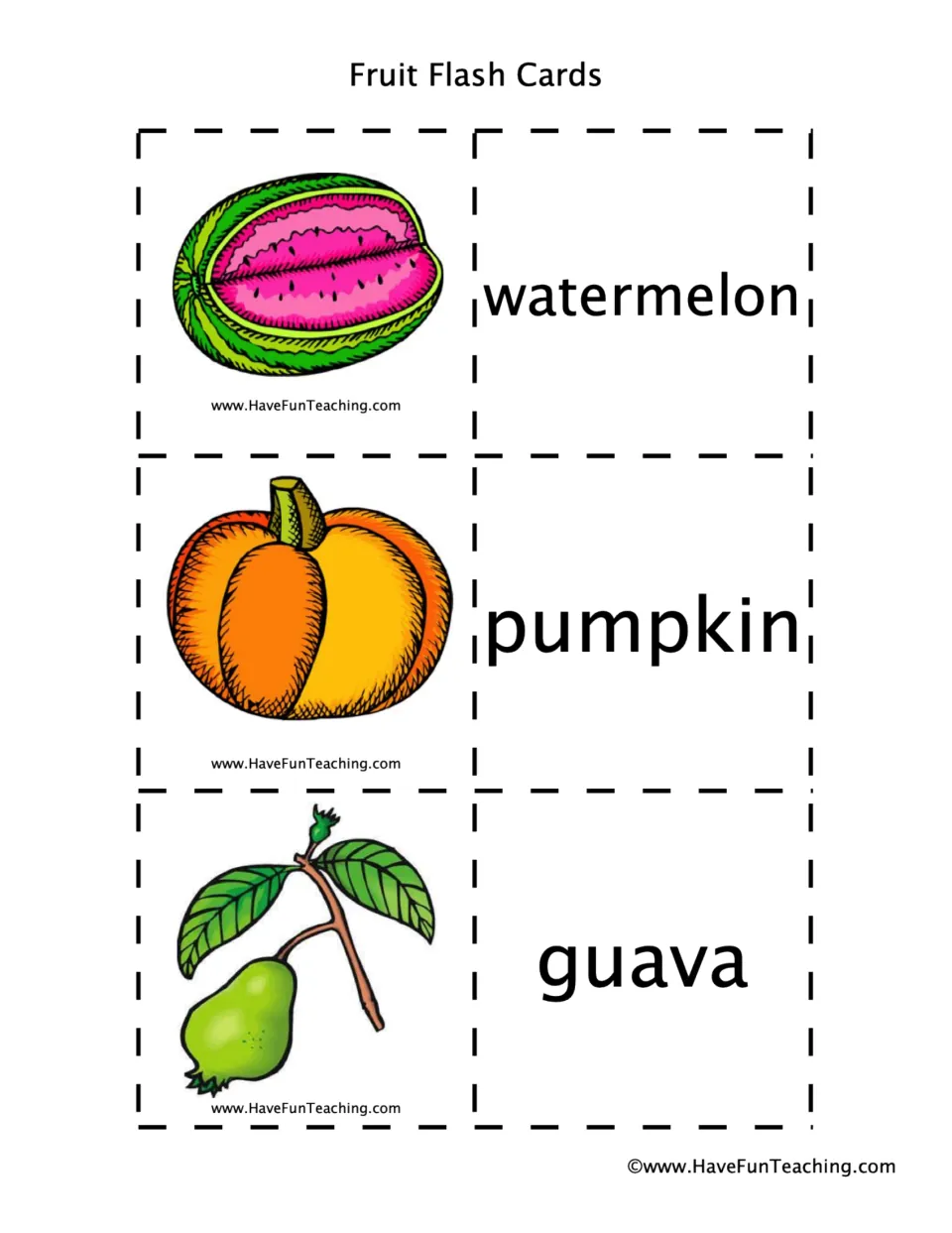 Fruit picture cards for watermelon, pumpkin and guava: students cut out each image and match it to its fruit name