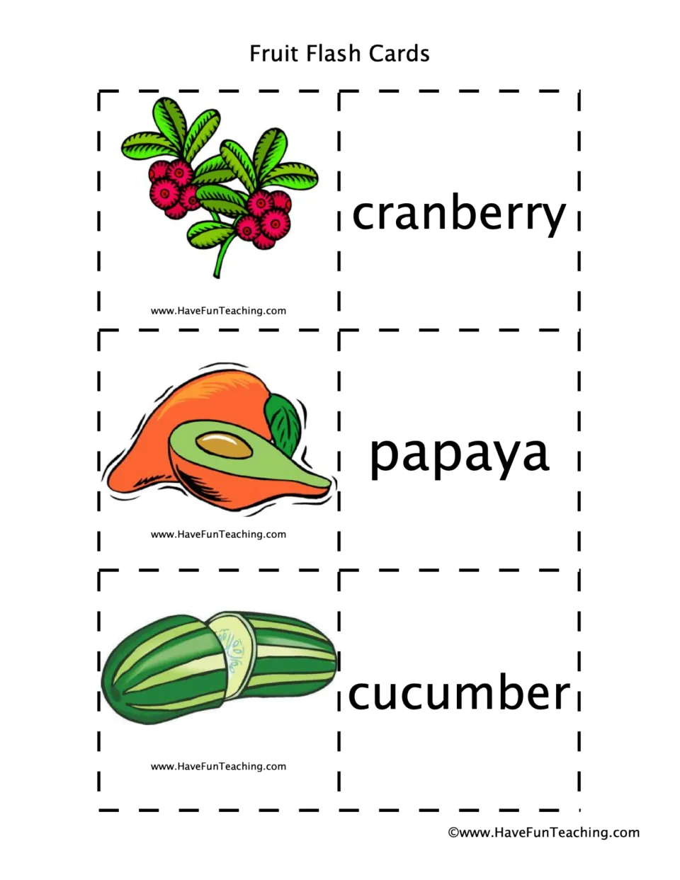 Fruit vocabulary cards for cranberry, papaya and cucumber: students cut out drawings and match each to its printed name