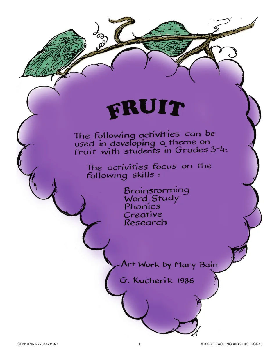 Fruit activity resource cover for grades 3–4, listing brainstorming, word study, phonics, creativity, and research